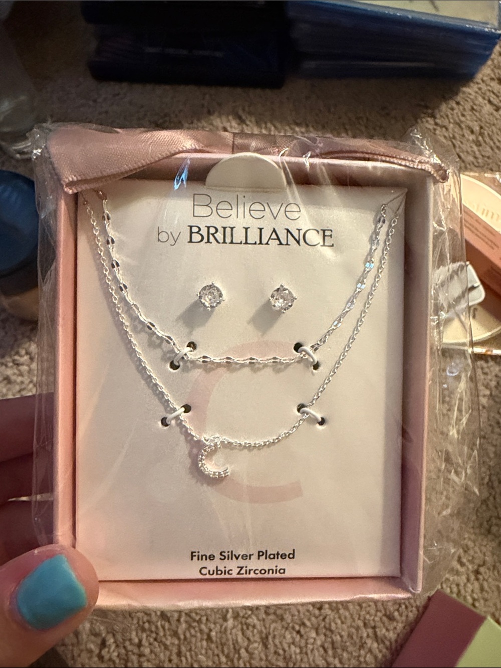 Brilliance Silver-Plated Layered Crescent Necklace Set - Pink & Silver